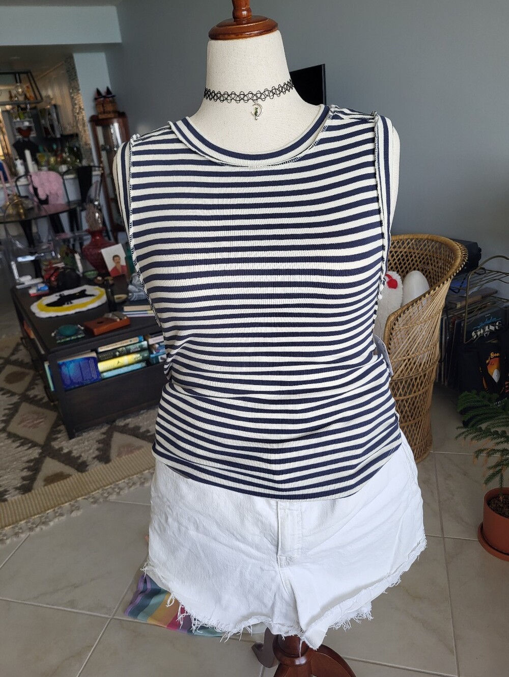 NWT Free People We The Free Kate Striped Ribbed Tank Top Navy Combo Size XL